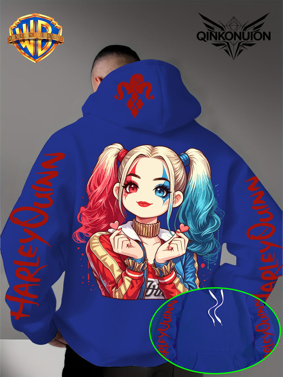 Warner Official Men'S Hoodie, Q-Version Quinn Red Blue Double Ponytail Cute Print Design, Machine Washable, Warm And Casual for Autumn And Winter, Daily Drawstring Hoodie, Multifunctional Sports And Casual Loose Fit - Blue