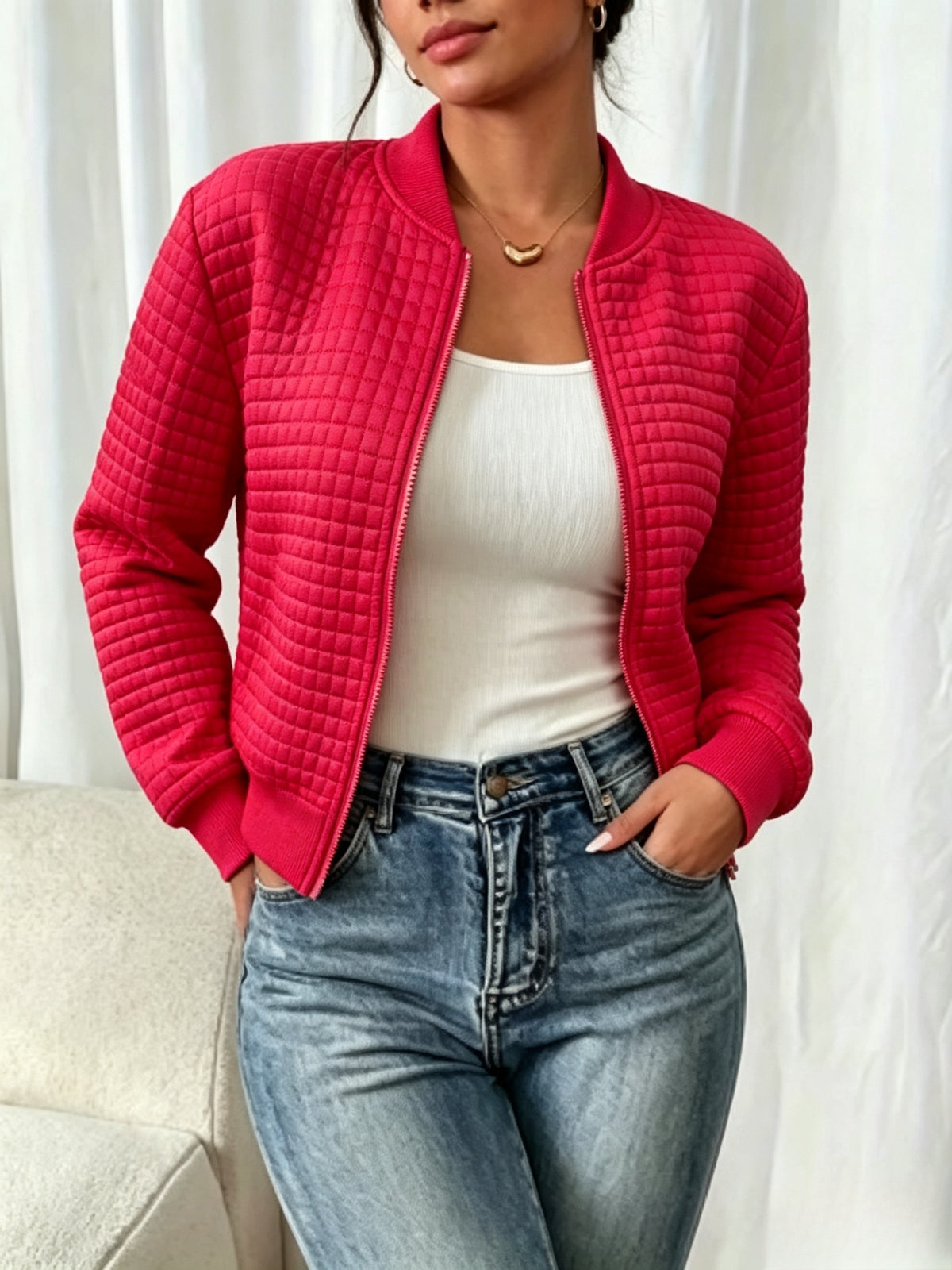 Easy Temperament Checkered Embossed Jacket, Casual All-Match Commute Loose Short Stand-Up Collar Coat Women'S - Red
