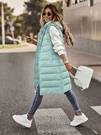 Women'S Stand-Up Collar Hooded Mid-Length Warm Quilted Vest Jacket, Double-Ended Zipper Design, Outer Placket Button Structure, Sleeveless Slim Fit, Lightweight And Comfortable, with Practical Pockets - Peacock Blue