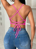Lady's New Solid-color V-neck Loose-sleeved Backless Vest with Cross-buckle Back Straps and Back Straps for the Top Garment - Rose Red