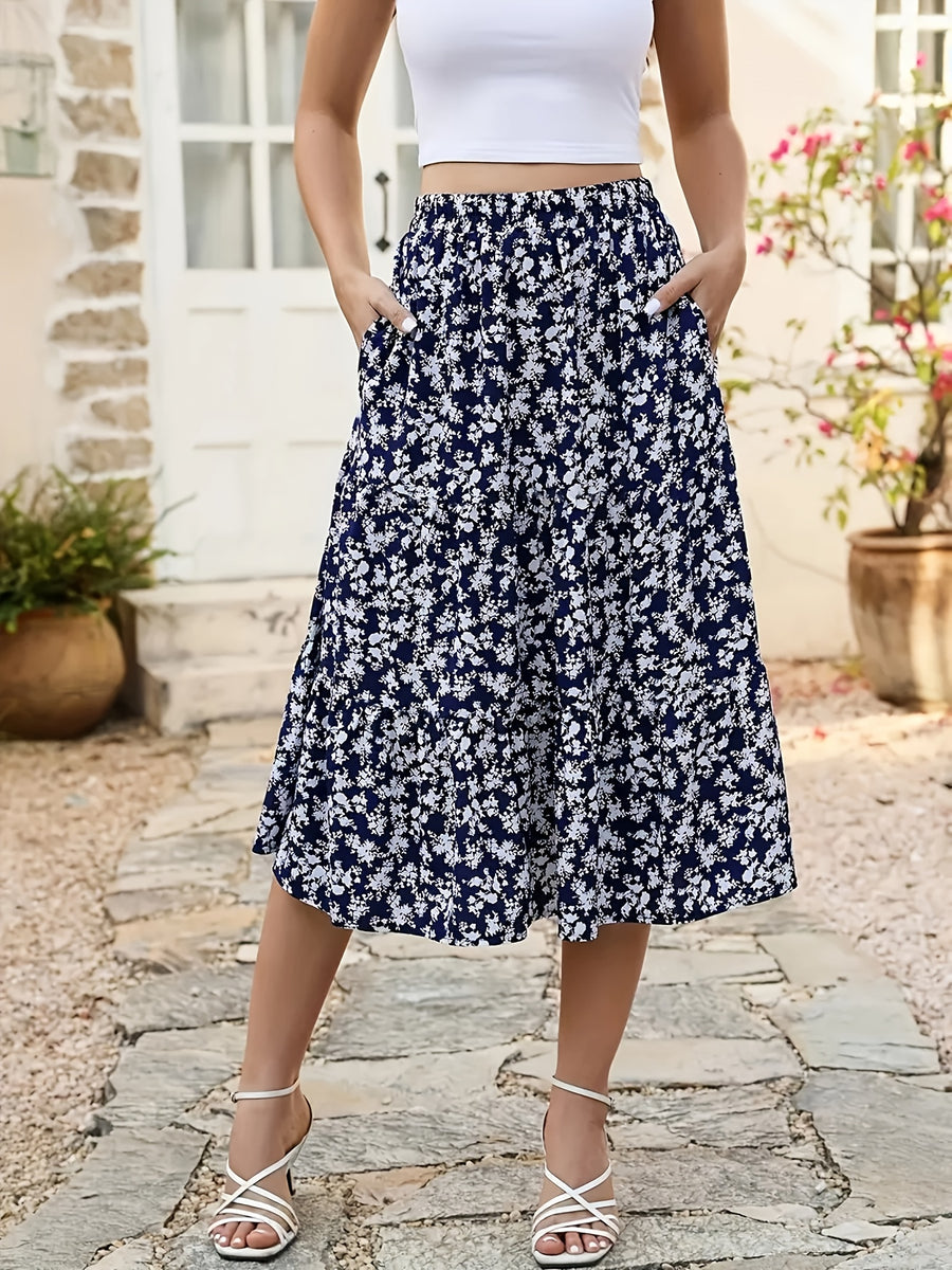 Floral Print Elastic Waist Midi Skirt, Bohemian Flared Skirt with Pockets, Women's Clothing - Navy Blue + White