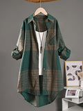 Elegant Special, Casual Vintage Mid-Length Shirt for Women, New Striped Plaid Loose Long Shirt, New Fashion Long Sleeve Women's Shirt - Green