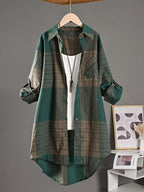 Elegant Special, Casual Vintage Mid-Length Shirt for Women, New Striped Plaid Loose Long Shirt, New Fashion Long Sleeve Women's Shirt - Green