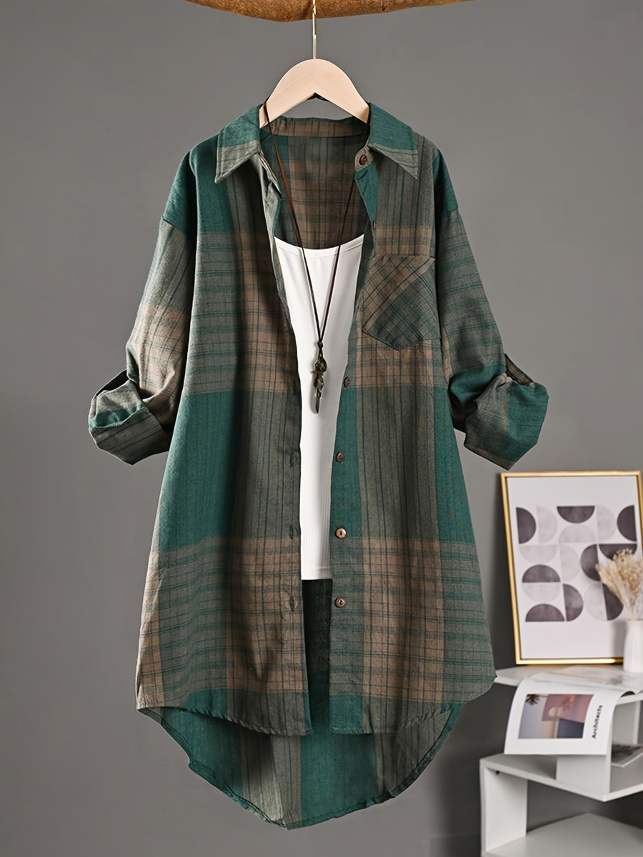Elegant Special, Casual Vintage Mid-Length Shirt for Women, New Striped Plaid Loose Long Shirt, New Fashion Long Sleeve Women's Shirt - Green
