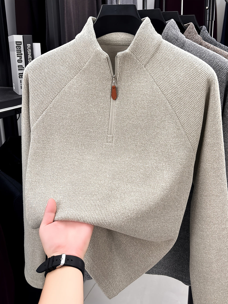 1pc Du Jing Lan OBM Men's Half-Zip Sweater - Solid Color Ribbed Knit Pullover with Stand Collar, Half-Zip Front Suitable for Layering, Business Casual & Outdoor Wear, Long Sleeve for Golf, Basketball, Daily Layering ( Autumn/Winter New Arrival) - Beige Apricot