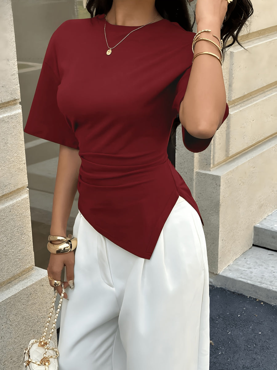 Women'S Casual Summer T-Shirt, Round Neck Mid-Waist Irregular Hem Versatile Commuter Style Women'S Top, Round Neck Short Sleeve Design, Waist Ruched Irregular Hem, Waist-Cinching Fit, Easy Commuter Style, Waist-Defining Design - Burgundy