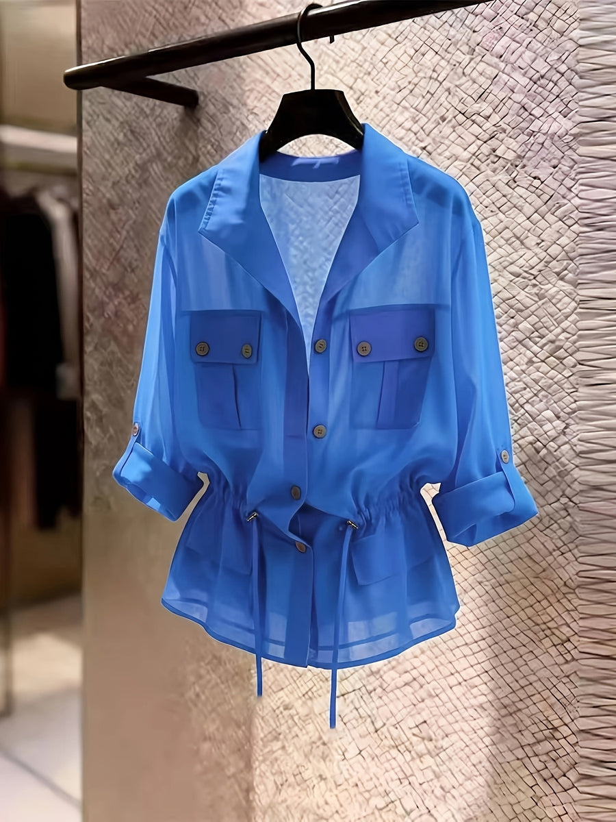 Drawstring Waist Chiffon Shirt, Lapel Collar with Cargo Pockets - Blue