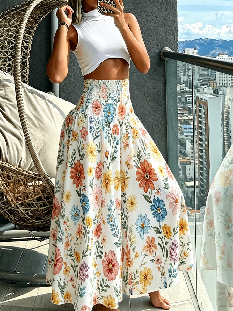 Women'S Floral Print Wide-Leg Pants High-Waist Ruched Waist Bohemian Style Long Trousers Flowy Vacation Pants - Multicolor 5
