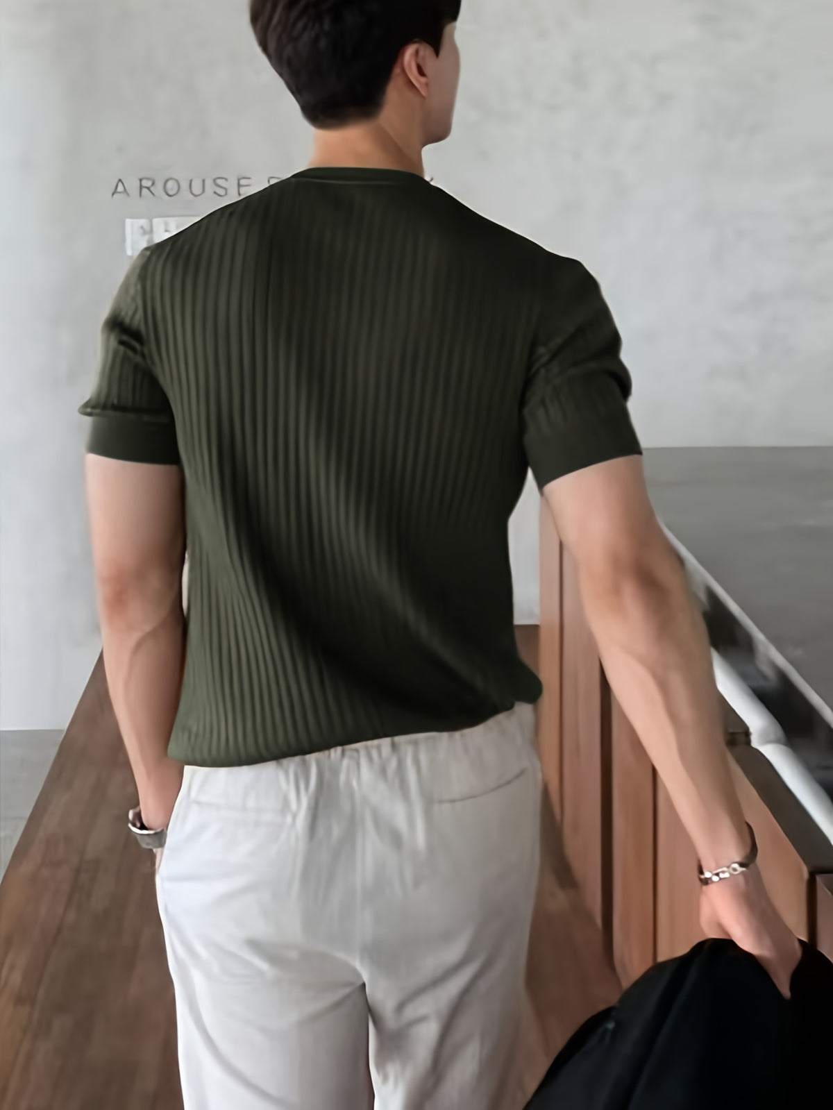 -Border New Men'S Small Pothole Striped Short-Sleeve Knit Sweater - Olive Green Color