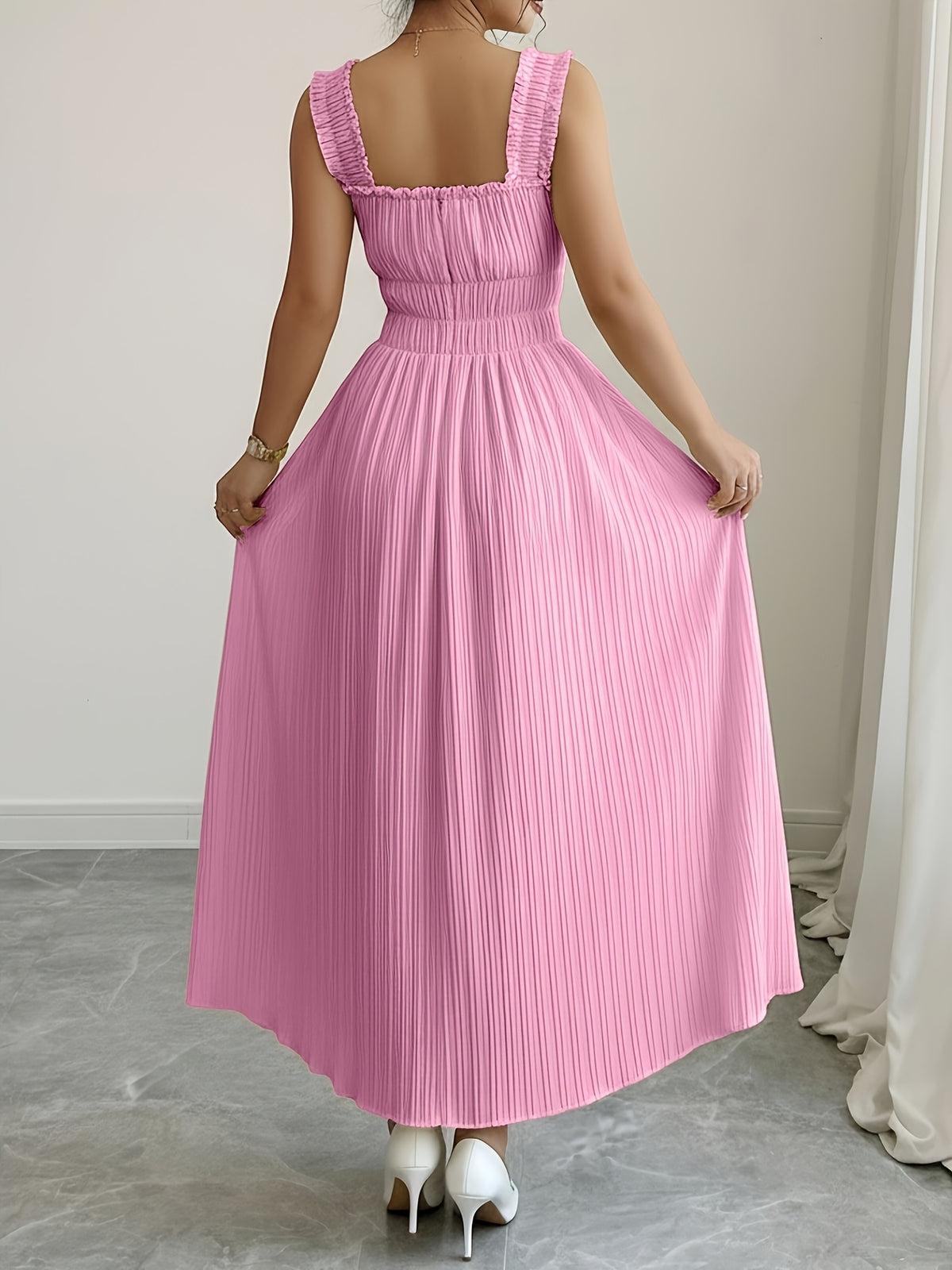 Women'S Spring Summer New Temperament Elegant Solid Texture Fabric Square Neck Tie-Belt A-Line Dress - Pink