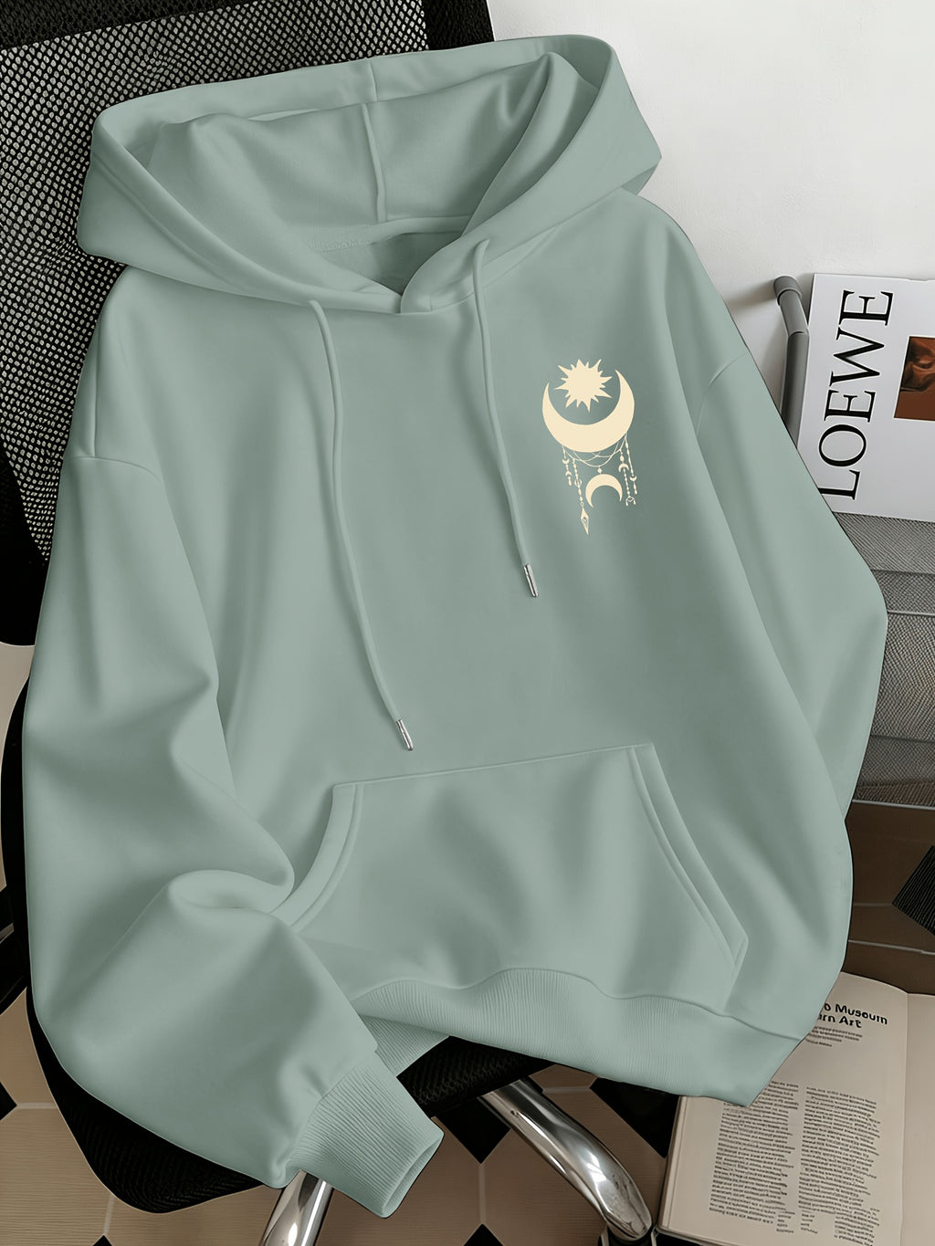 Women'S Fashion Starry Moon Print Casual Hooded Sweatshirt - Light Green