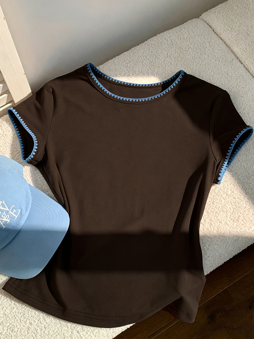 Autumn Winter New Women'S Sheer Round Neck T-Shirt, Contrast Lace Collar Patchwork Short Basic Base Layer, Comfortable Breathable Skin-Friendly Short Sleeve Top - Dark Brown