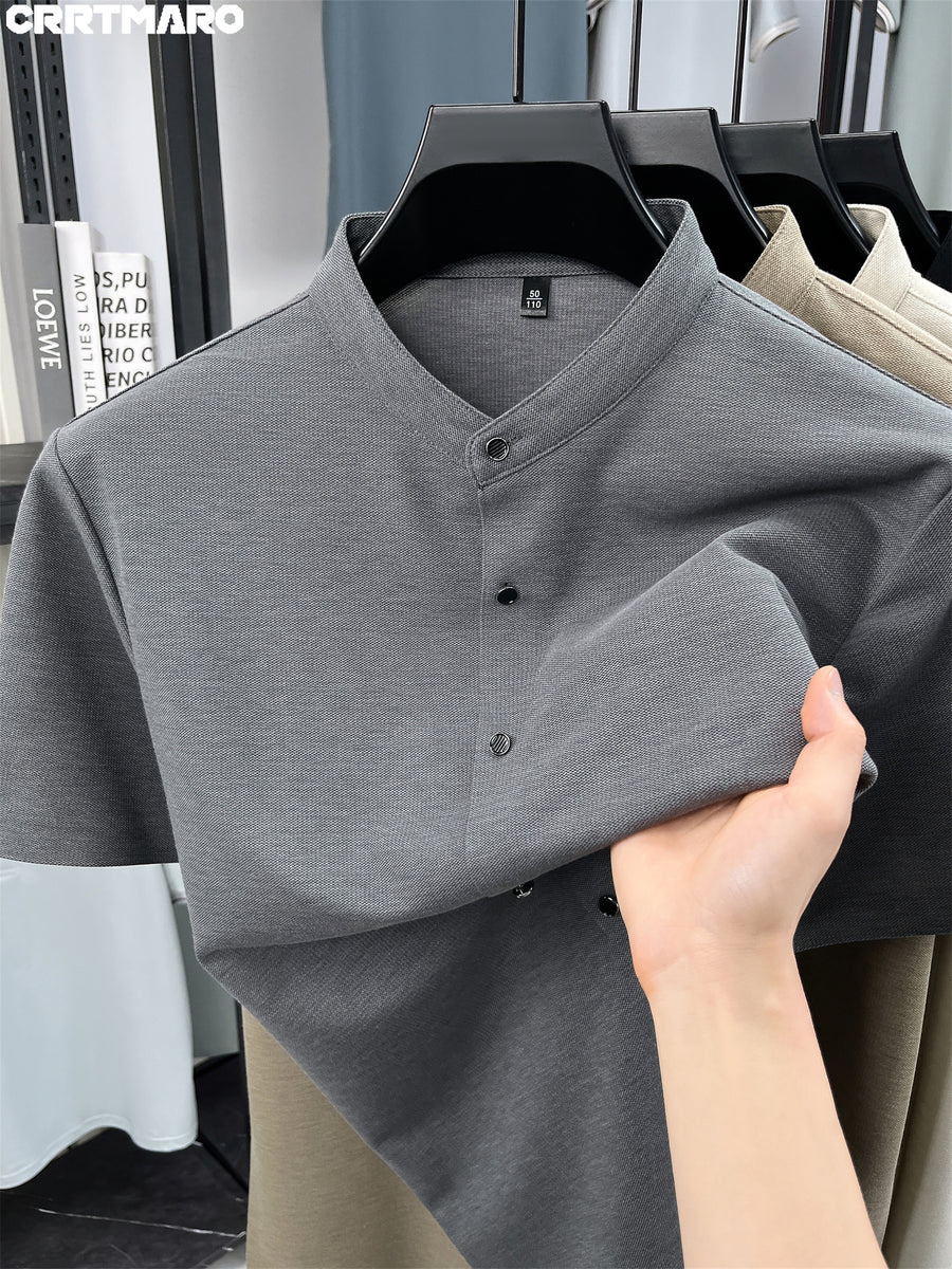 Kartmar CRRTMARO Summer New Chinese Stand-Up Collar Shirt Men'S Short Sleeve High-End Mandarin Collar Dress Shirt Business Casual Men'S Top Tiamai - Dark Gray