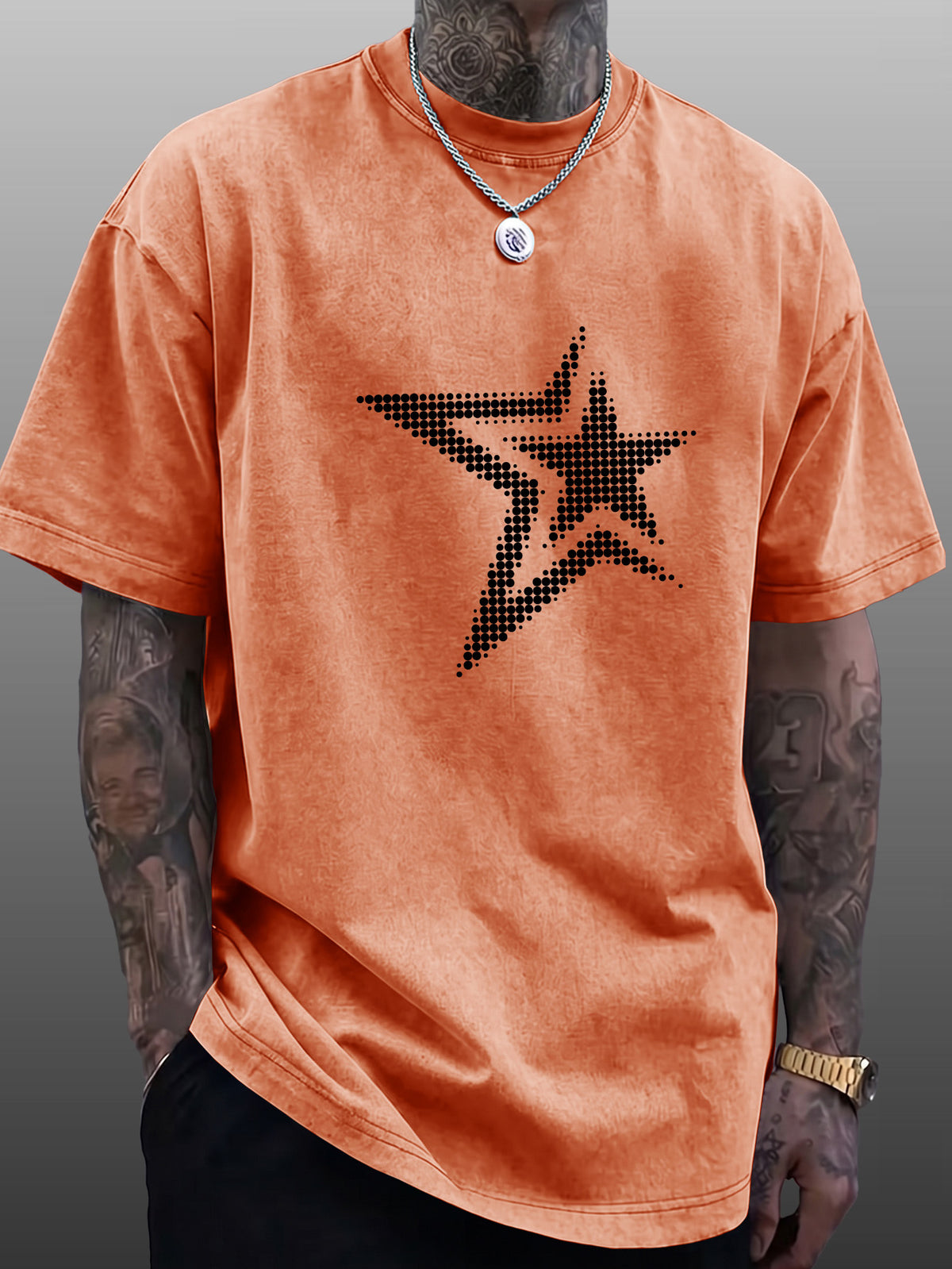Men's Short-Sleeve T-Shirt, Pure Cotton Loose Fit Washed Distressed Half-Sleeve Top, Dot Matrix Overlapping Double Five-Star Trendy Reverse Double-Sided Print, Multiple Colors for  Mix & Match, American Streetwear High Street Hip-Hop Y2K National - Orange