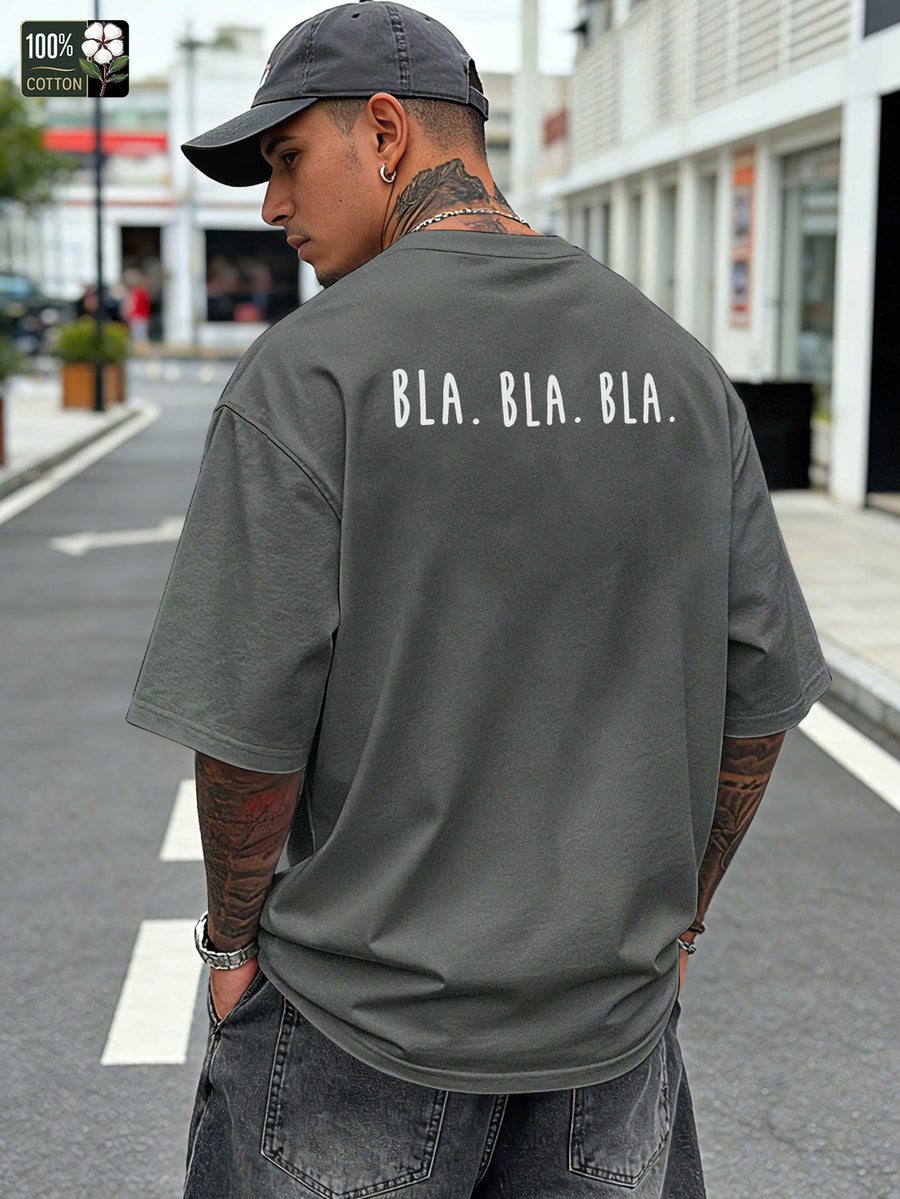 Bla Bla Print Men'S Pure Oversized T-Shirt, Casual Comfortable Versatile Short Sleeve Tee - Dark Gray