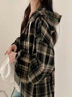 Elegant, Casual Plaid Hoodie - Long Sleeve Drop Shoulder Asymmetrical Hem Plaid Sweatshirt - Loose Spring Fall Fashion Top - Black