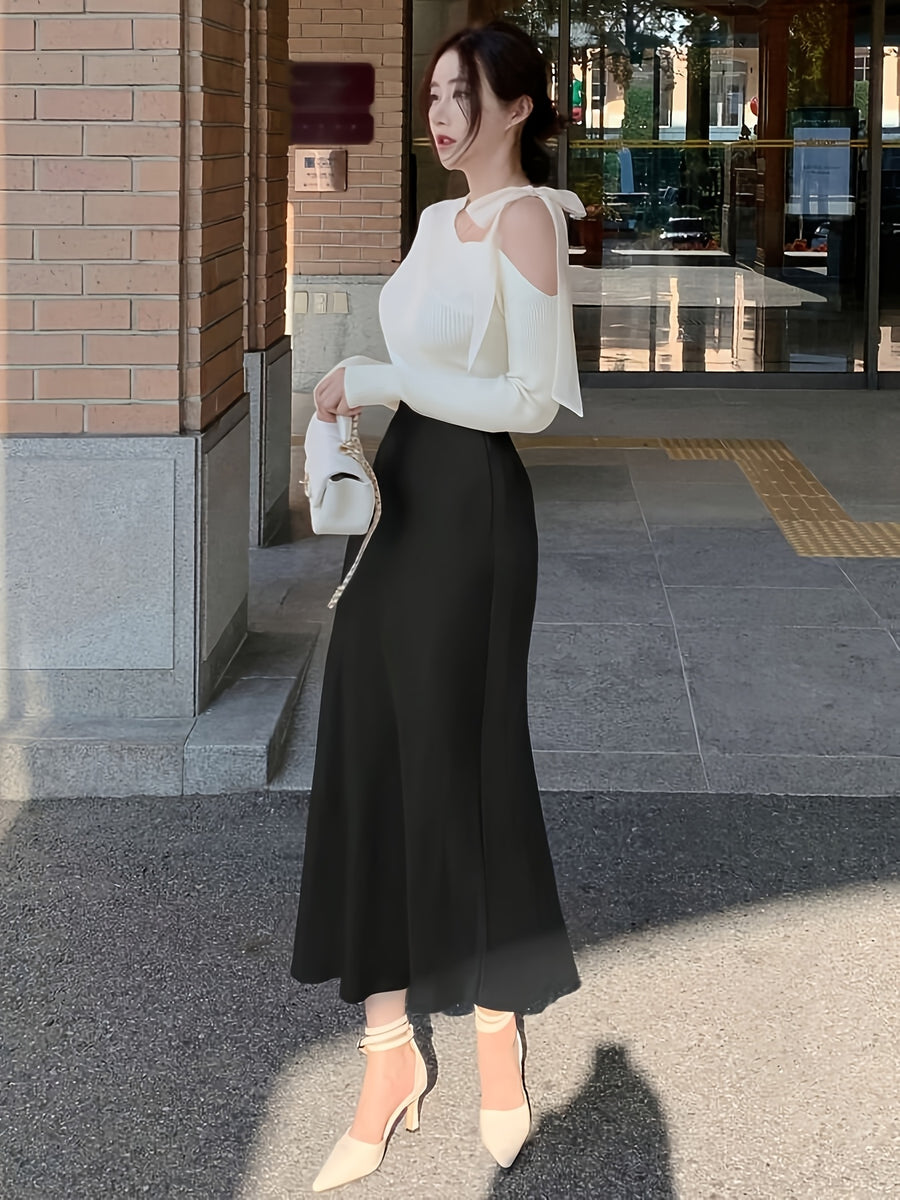 Spring/Summer Women's Slim-Fit Solid Color Satin Mermaid Skirt - Black