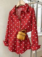 Women'S Y2K Retro Casual Loose Long Sleeve Button-Up Polka Dot Printed Lapel Shirt, Elegant Vintage Casual Style Suitable for Outdoor Leisure Walking Shopping Wear ZD260604061 - Red