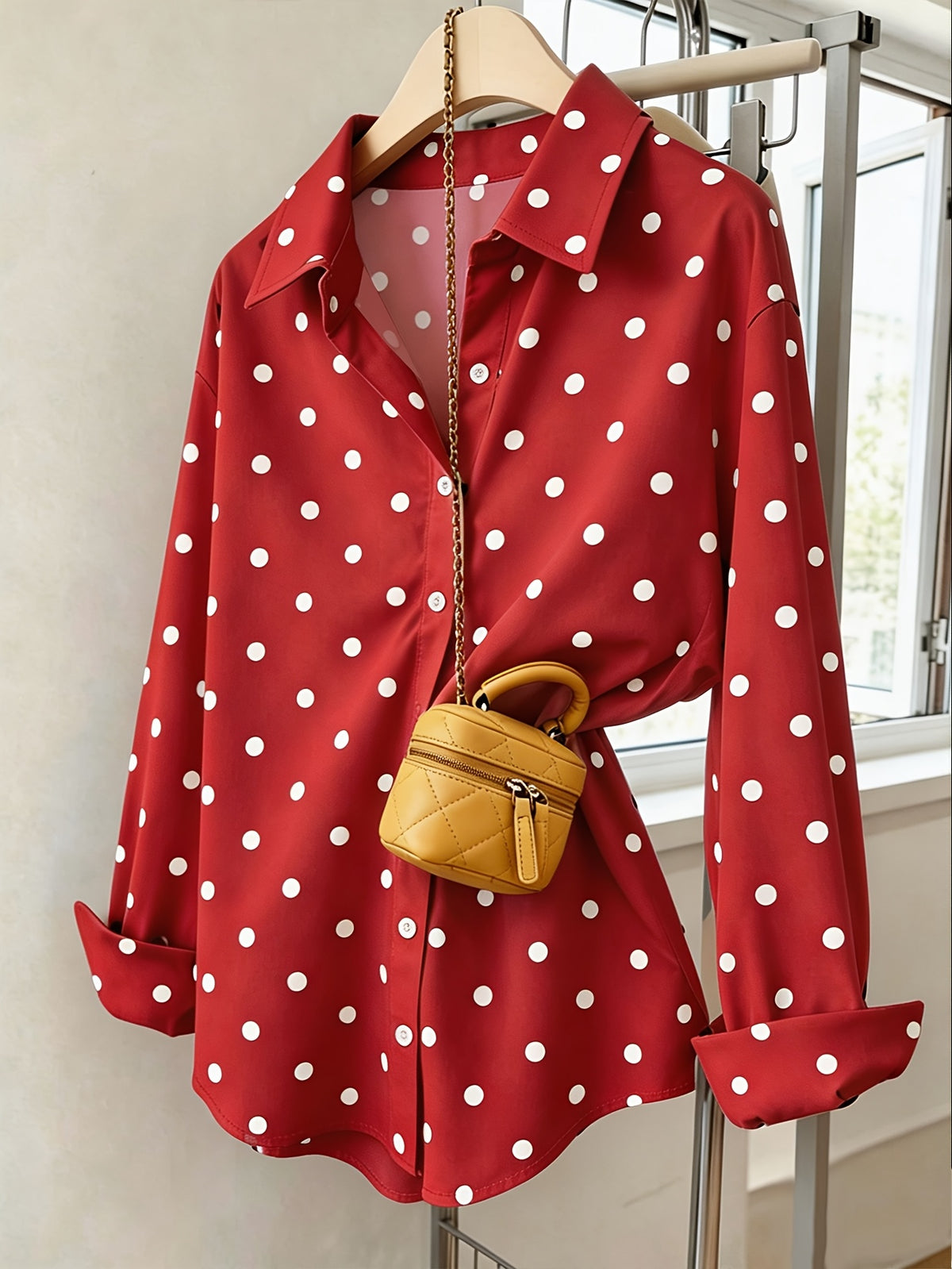 Women'S Y2K Retro Casual Loose Long Sleeve Button-Up Polka Dot Printed Lapel Shirt, Elegant Vintage Casual Style Suitable for Outdoor Leisure Walking Shopping Wear ZD260604061 - Red