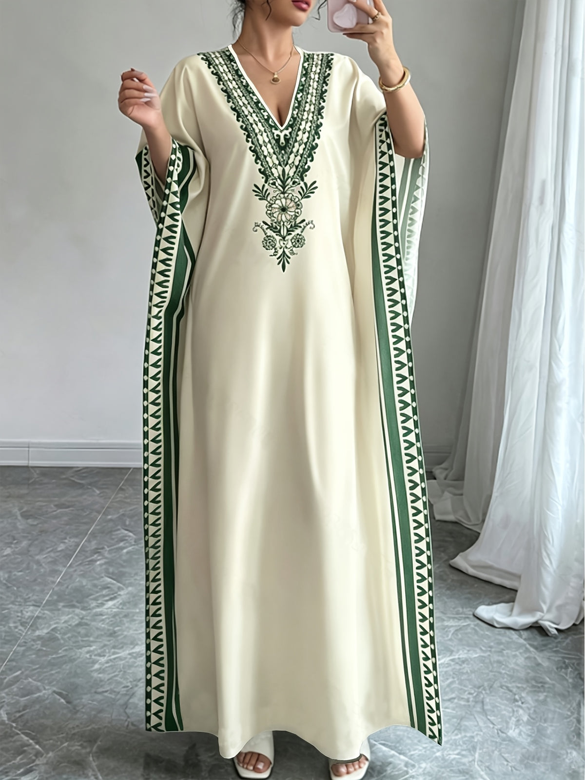 Elegant Middle Eastern Style V-Neck Batwing Sleeve Turkish Robe Dress - Long Loose Side Slit Design, Machine Washable for Spring Summer Fall Casual And Formal Wear, Tassel Fabric Soft And Breathable, Bohemian Vacation Style - Ocean Green