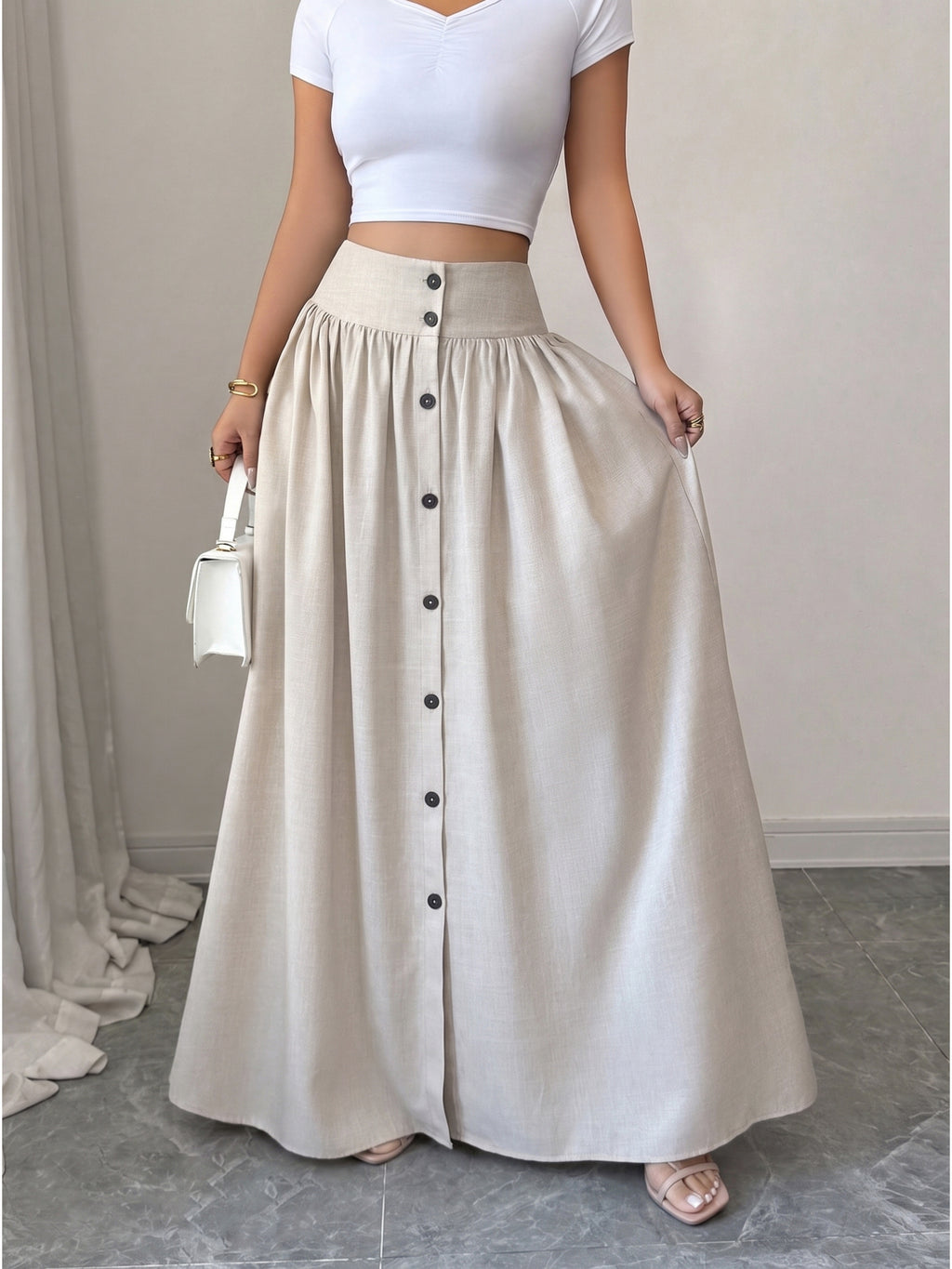 Women'S Button-Long Skirt, Fashionable Versatile Vacation Office Christmas Date Spring Autumn New - Apricot