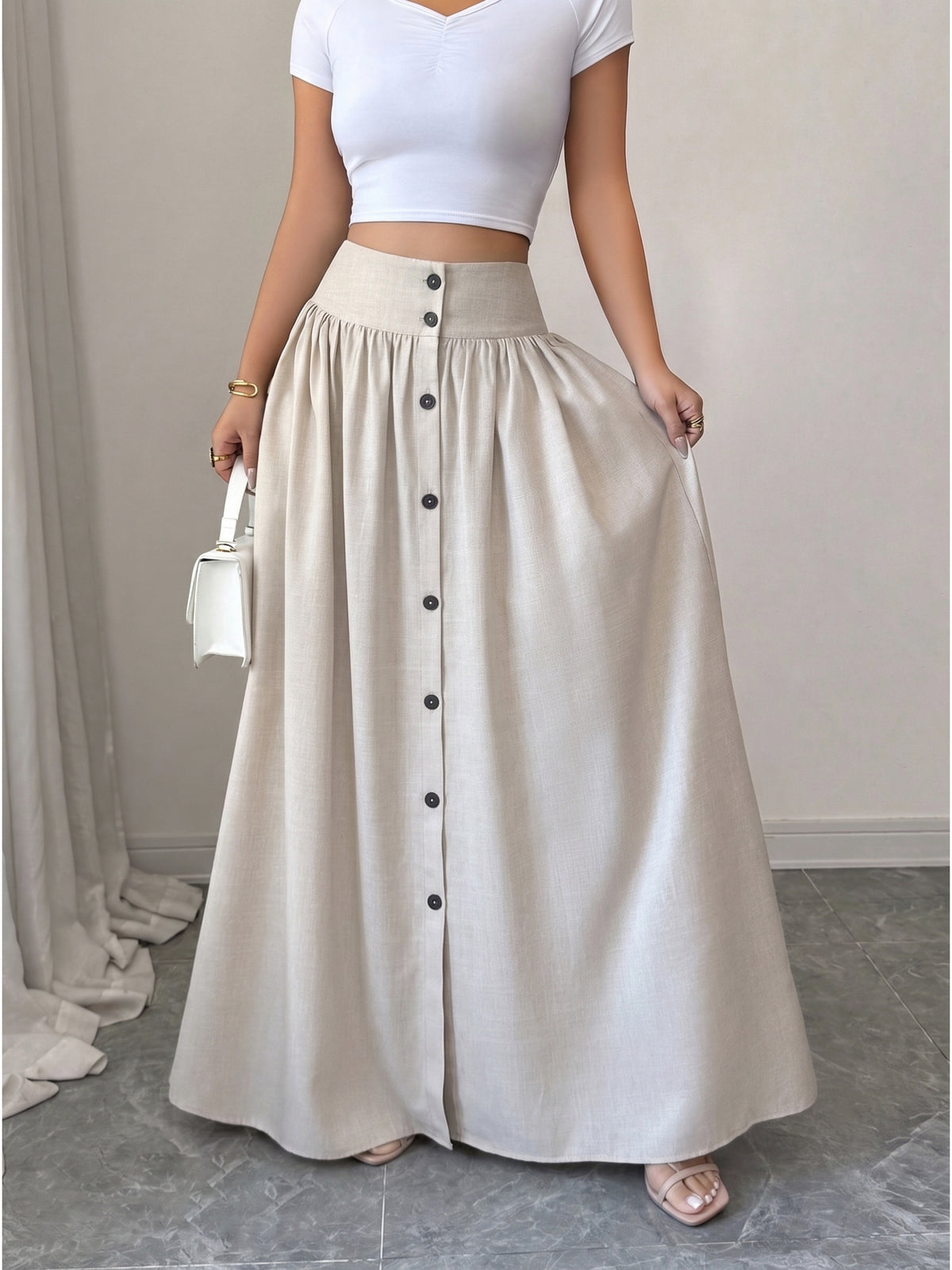 Women'S Button-Long Skirt, Fashionable Versatile Vacation Office Christmas Date Spring Autumn New - Apricot