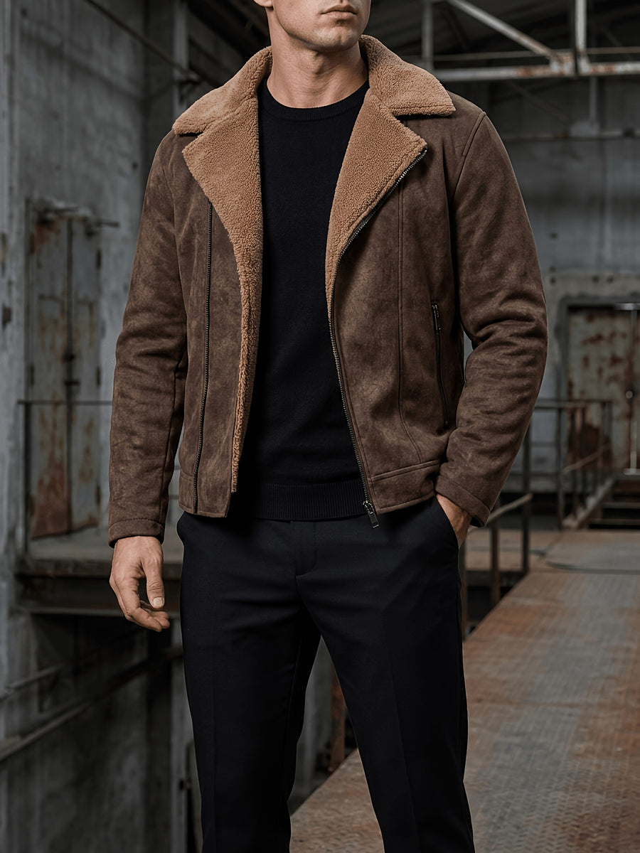 Men'S Slant Zipper Faux Suede Motorcycle Jacket, Lambskin Lining Large Lapel, Zip-Up Pockets Casual Riding Coat - Coffee Color