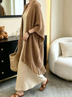 Daily Casual Fringe Poncho Cape, Batwing Sleeve Open Front Cardigan Coat, Soft Hollow Shawl Wrap Outer Top for Women - Camel