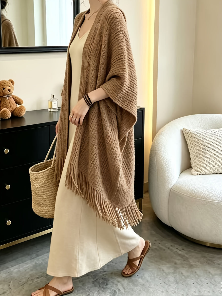 Daily Casual Fringe Poncho Cape, Batwing Sleeve Open Front Cardigan Coat, Soft Hollow Shawl Wrap Outer Top for Women - Camel