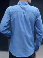 Four Seasons Fashionable and Stylish Polo Collar Denim Shirt for Men, Long Sleeve Thin Slim Fit Casual Shirt, Business Workwear Outerwear - Dark Blue 1