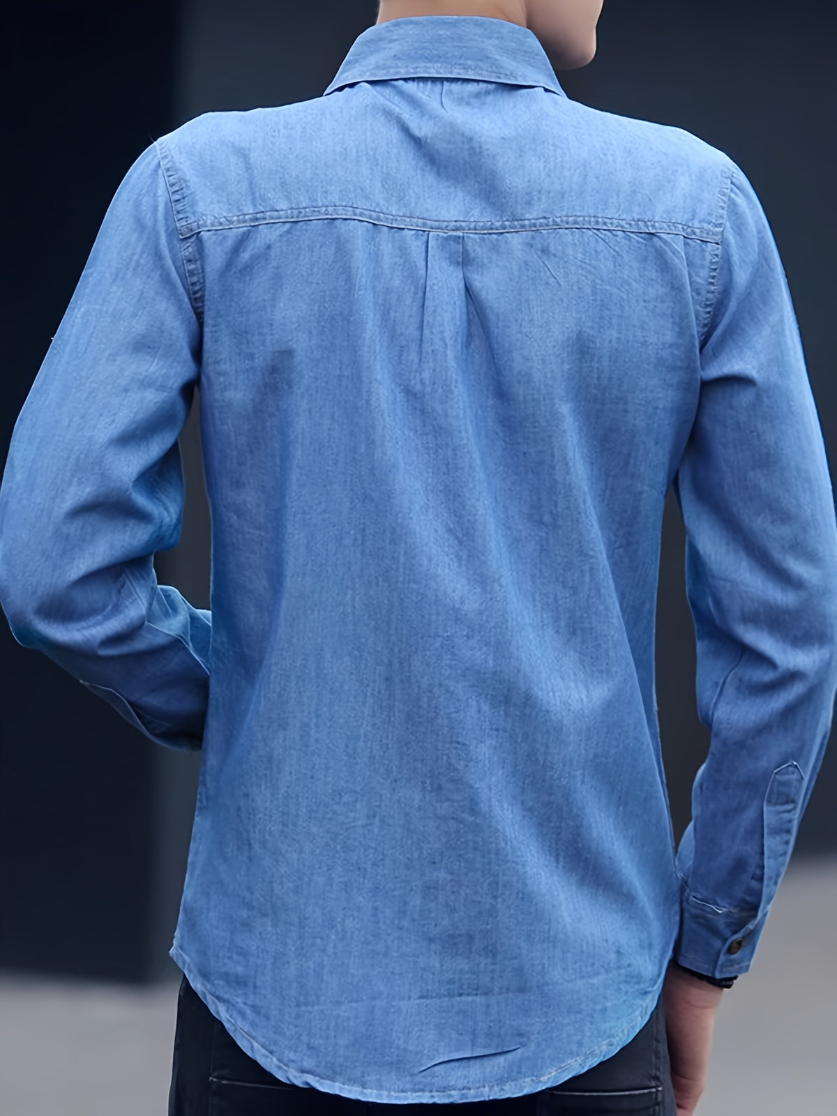 Four Seasons Fashionable and Stylish Polo Collar Denim Shirt for Men, Long Sleeve Thin Slim Fit Casual Shirt, Business Workwear Outerwear - Dark Blue 1