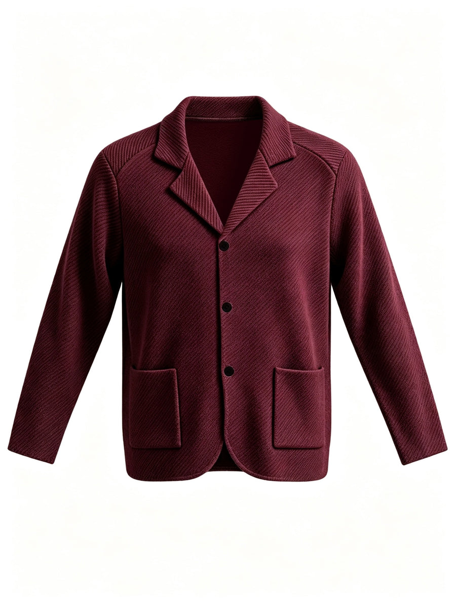 Men'S Spring Autumn New Pinstripe Textured Fabric Blazer Collar Cardigan Single Button Double Pocket Business Casual All-Match Long Sleeve Jacket, Knit Soft Comfortable Fashion Solid Color Outerwear Suitable for Daily Outings, Dates, Holidays - Burgundy