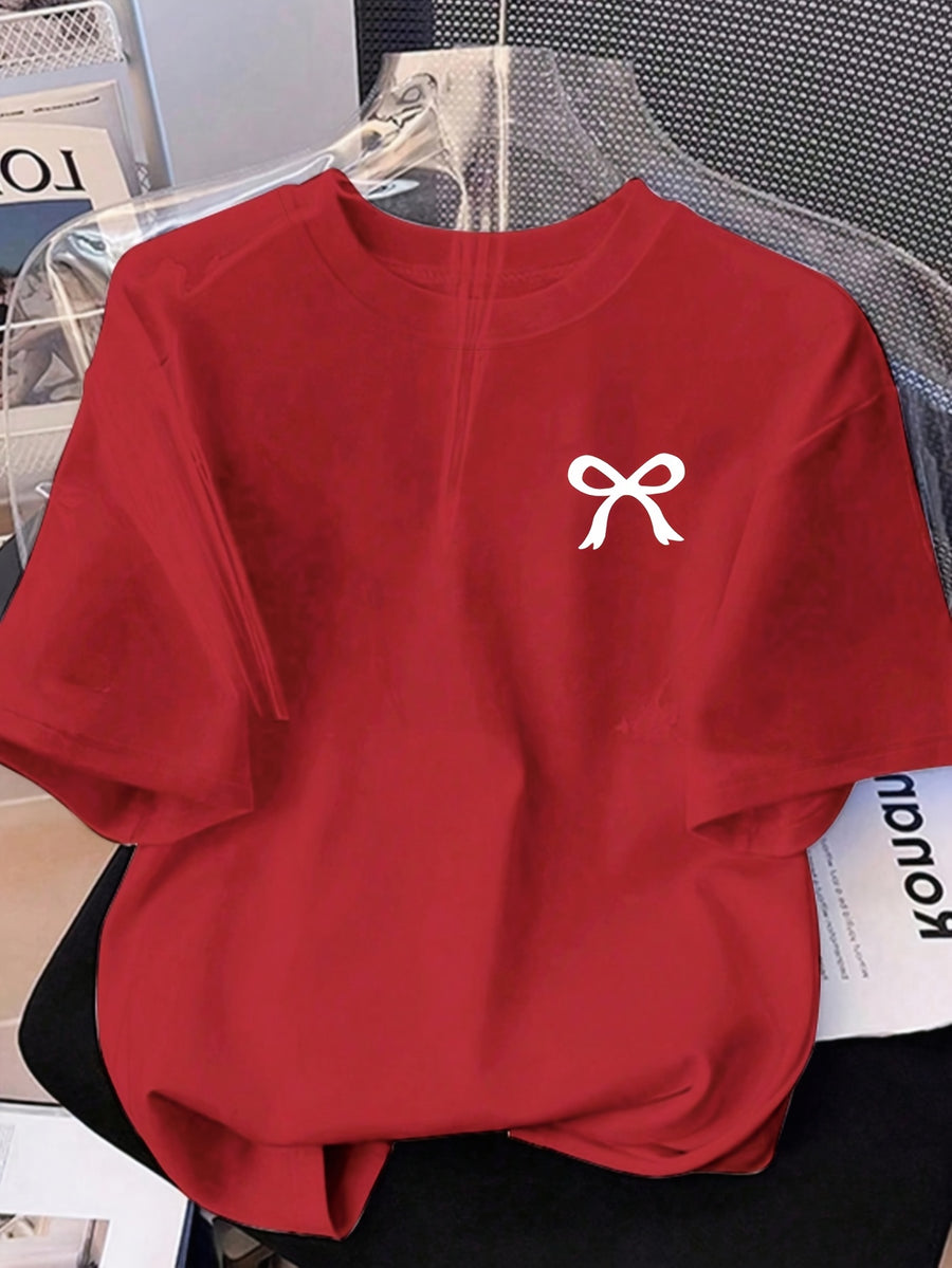 Graphic Print T-Shirt, Short Sleeve Crew Neck Casual Top for Summer & Spring, Women'S Clothing - Red