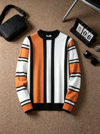 Men'S Individual Color-Block Pinstripe Round Neck Pullover Sweater Jacket, Patchwork Sleeve Horizontal Stripe Design Pullover Top, Men'S Casual Outerwear Knit Base Layer - Orange