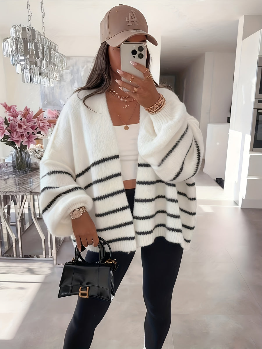 Autumn Winter Loose Lazy Style Soft Muted Contrast Black White Striped Casual Women'S Cardigan Coat - White