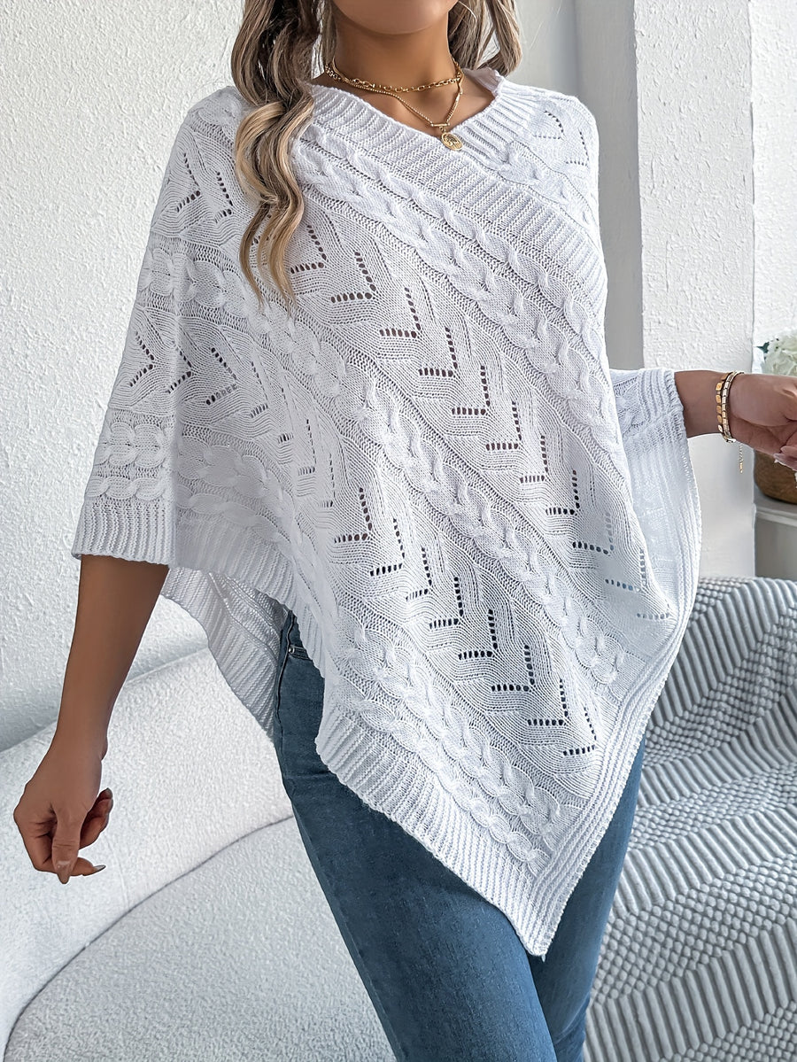 Elegant Solid Color V-Neck Cable Cape Sweater for Autumn And Winter Leisure - White