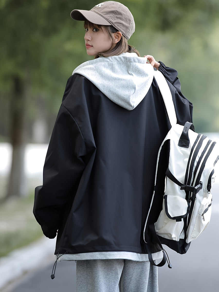 American Style Coat Women'S Trench Hooded Faux Two-Piece Windbreaker Design-Driven Color-Block Casual Loose Jacket - Black+Grey