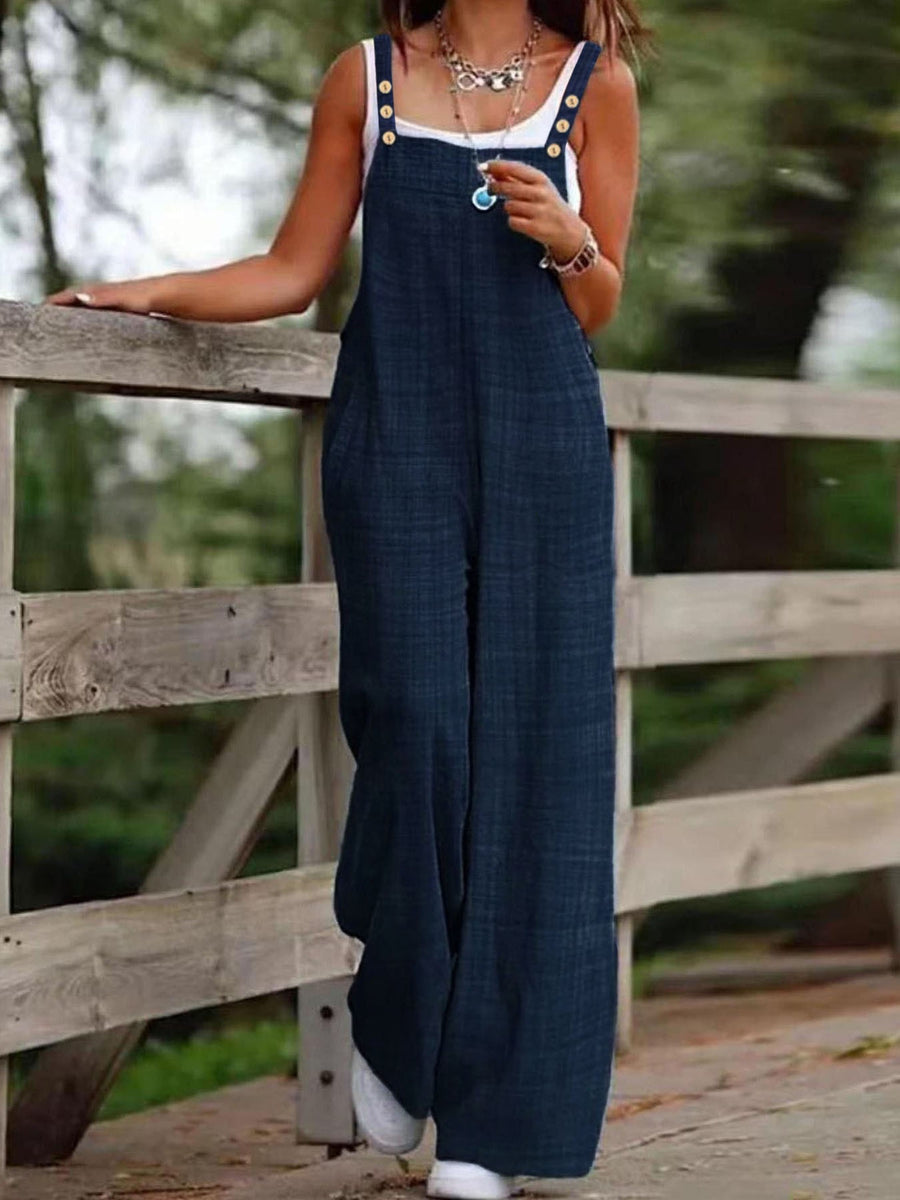 Women's Vacation Wide-Leg Jumpsuit - Sleeveless with Adjustable Buckle Straps, Pockets Included, Machine Washable, Solid Color - Blue Navy