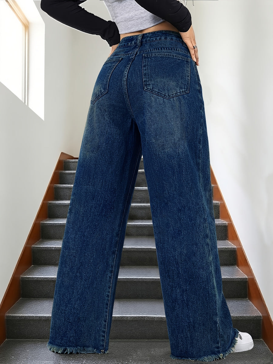 Women'S High-Waist Stretch Wide-Leg Jeans, Classic Washed Denim Style Loose Casual Trousers, Suitable for Daily Outings, Shopping, Dates, And Other Occasions. Durable Denim Fabric, Black Long Pants with Cuffs - Medium Blue