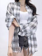 Chiffon Plaid Print Sheer Blouse Top Sunscreen Shirt - White