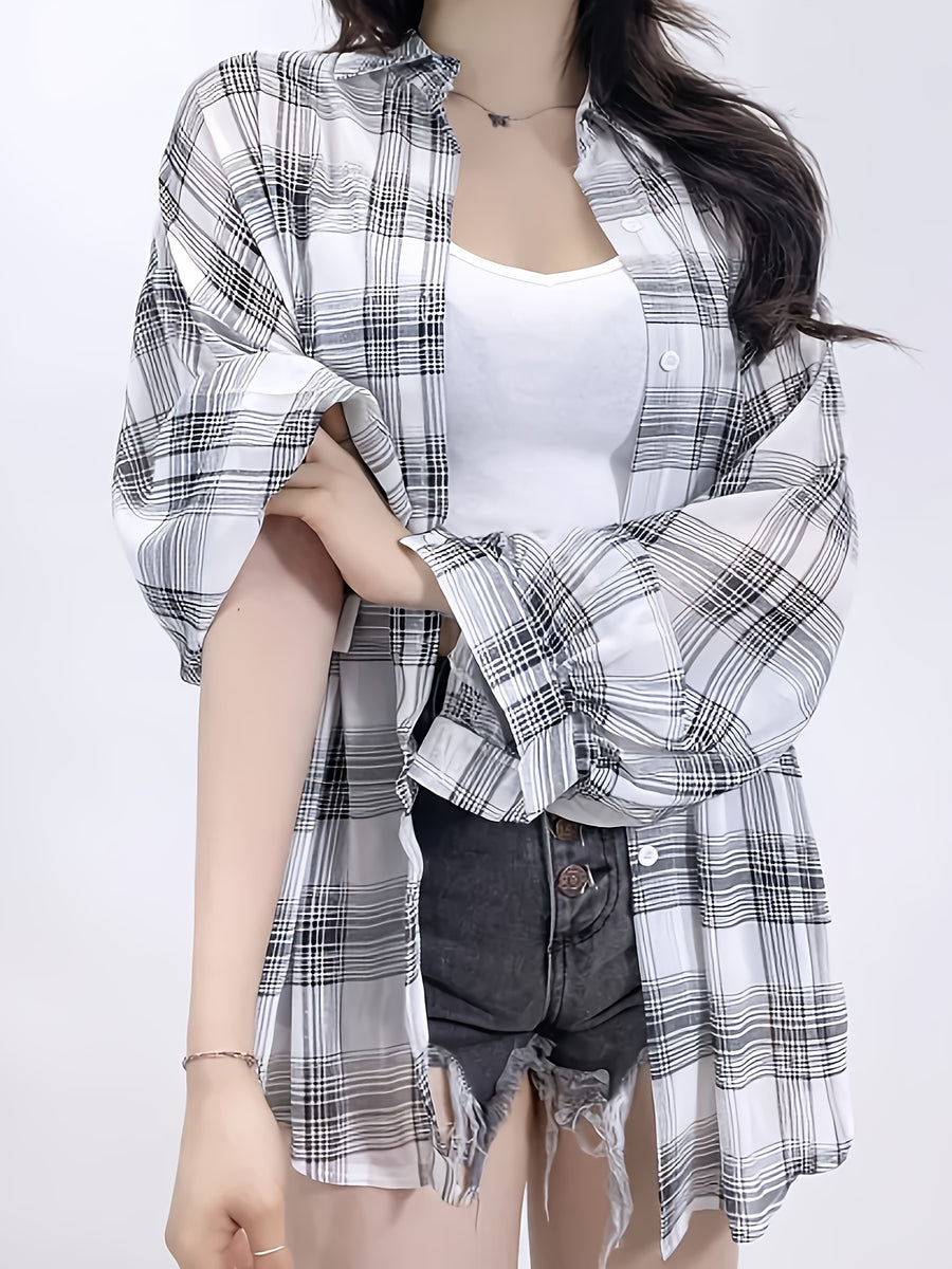 Chiffon Plaid Print Sheer Blouse Top Sunscreen Shirt - White