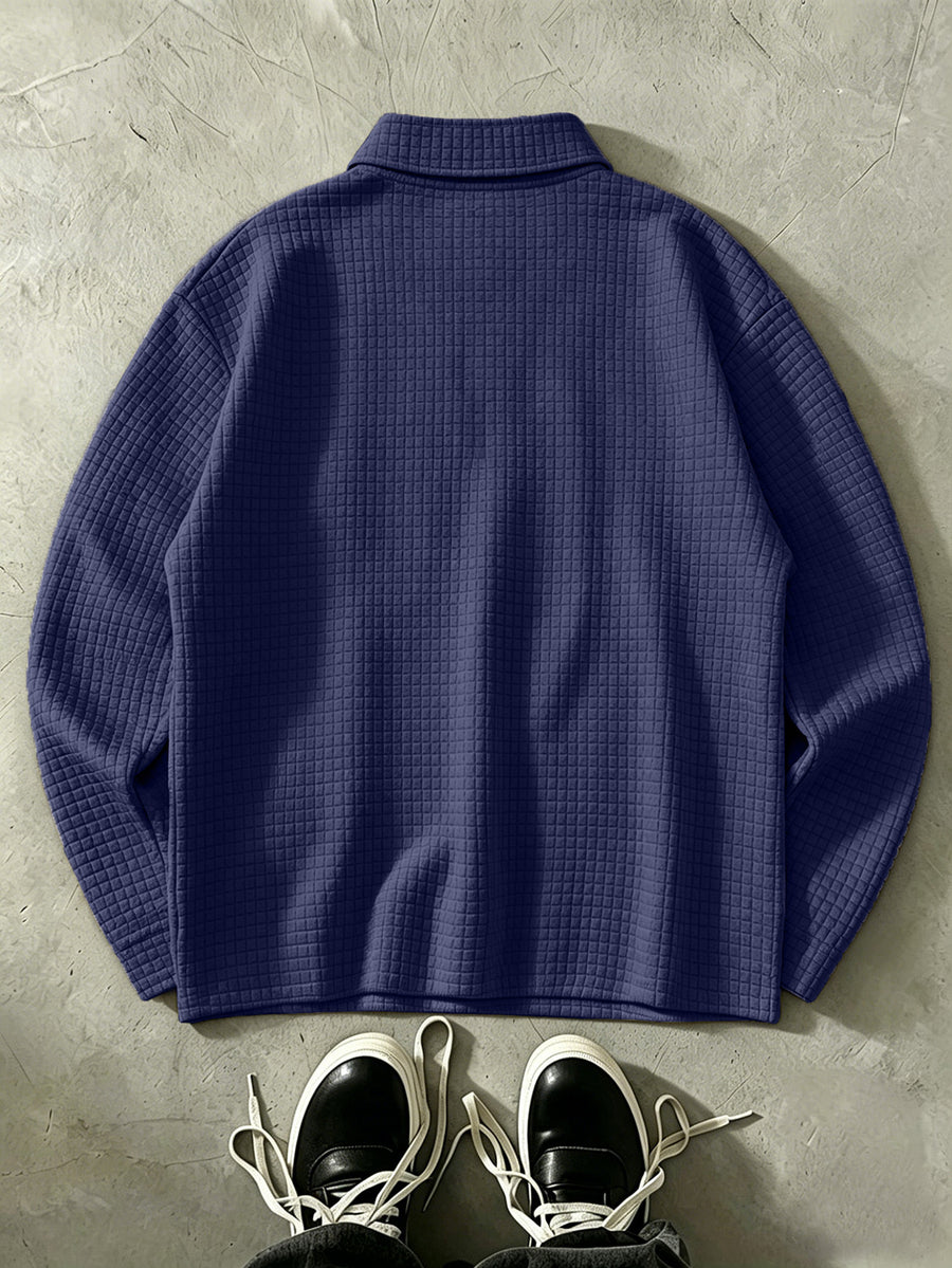 THE STEADY Men'S Half-Zip Fashion Waffle Texture Autumn Winter Casual Athletic POLO Shirt, Street Style Versatile Trendy Long Sleeve Top - Navy Color