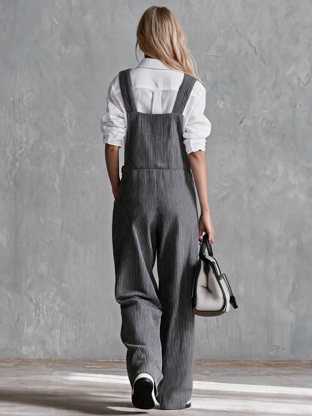 Women's Vintage Striped Single-Breasted Wide-Leg Overalls - Dark Gray