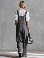 Women's Vintage Striped Single-Breasted Wide-Leg Overalls - Dark Gray