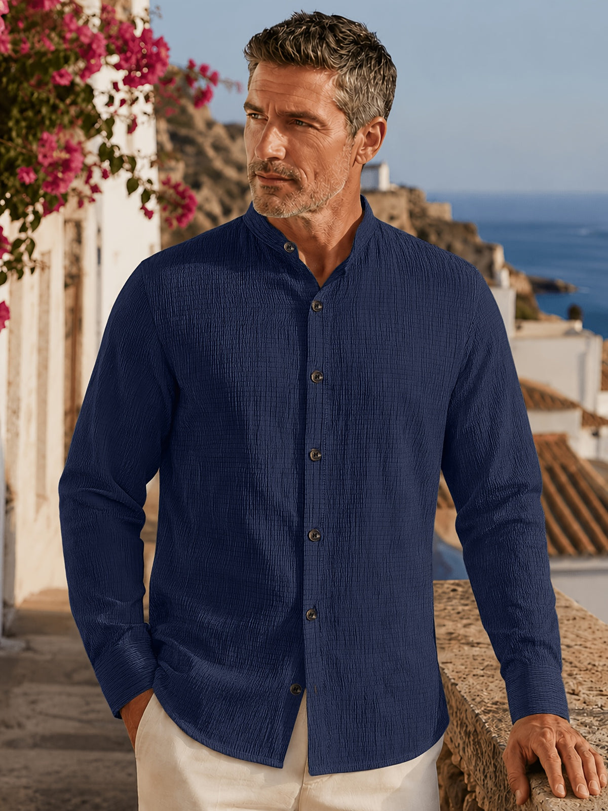 [Zhiyu'S OBM] 3pcs Men'S Long Sleeve Casual Shirt Set, Easy Solid Colors, Stand-Up Collar Design, Lightweight Breathable Fabric with Double-Button Adjustable Cuffs, Switch Between Loose And Tight Comfort, Perfect for Beach Vacations, Pool Parties - Navy Blue Light Blue Card