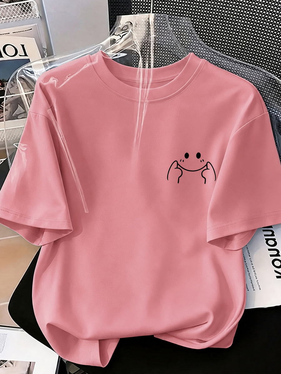 Women's High-Elastic Blouse T-Shirt Suitable for Café Visits, Picnic & Home Wear - Minimalist Smiling Face Print Round Neck Top, Machine Washable Non- Shirt for - Casual Outfits (Age-Reducing Versatile Wardrobe Staple) - Peach