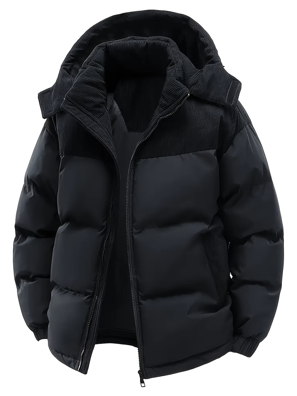 Men's Thickened Winter Jacket - Warm Windproof Hooded Outerwear, Polyester Fiber Filling Suitable for Cold Weather, Outdoor Activities - for Teens and Adults, Seasonal Layering, Casual Outerwear, Comfortable and Warm - Black