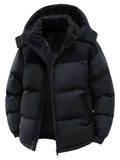 Men's Thickened Winter Jacket - Warm Windproof Hooded Outerwear, Polyester Fiber Filling Suitable for Cold Weather, Outdoor Activities - for Teens and Adults, Seasonal Layering, Casual Outerwear, Comfortable and Warm - Black