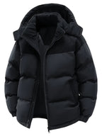 Men's Thickened Winter Jacket - Warm Windproof Hooded Outerwear, Polyester Fiber Filling Suitable for Cold Weather, Outdoor Activities - for Teens and Adults, Seasonal Layering, Casual Outerwear, Comfortable and Warm - Black