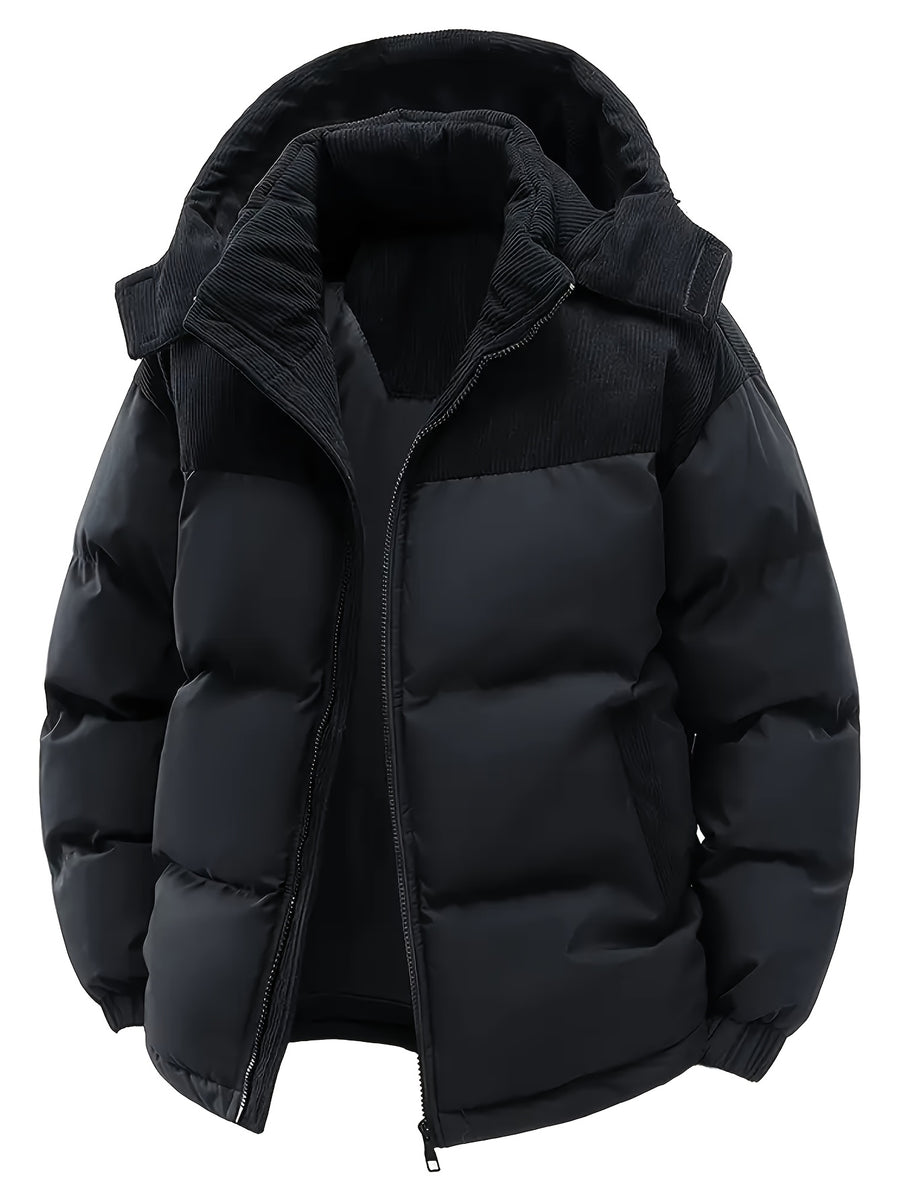Men's Thickened Winter Jacket - Warm Windproof Hooded Outerwear, Polyester Fiber Filling Suitable for Cold Weather, Outdoor Activities - for Teens and Adults, Seasonal Layering, Casual Outerwear, Comfortable and Warm - Black